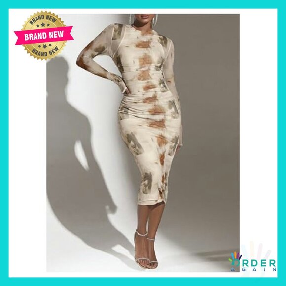 Mesh Long Sleeve Bodycon Midi Dress Elegant Chic Cocktail Party Evening Wear - Picture 4 of 7